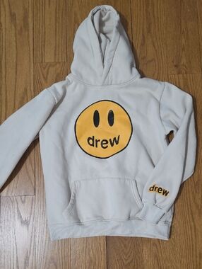 drew house cream kids hoodie with yellow smile logo